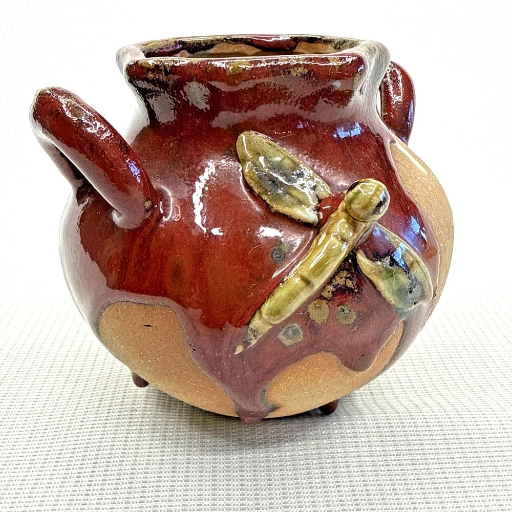 Vintage Dragonfly Studio Art Pottery Earthtone Jug Drip Glaze Numbered
